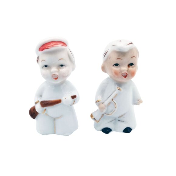 Ceramic Choir Boy Angel Baby Figures Pair Vintage w Instruments 2.75 Inch Japan - Picture 1 of 16